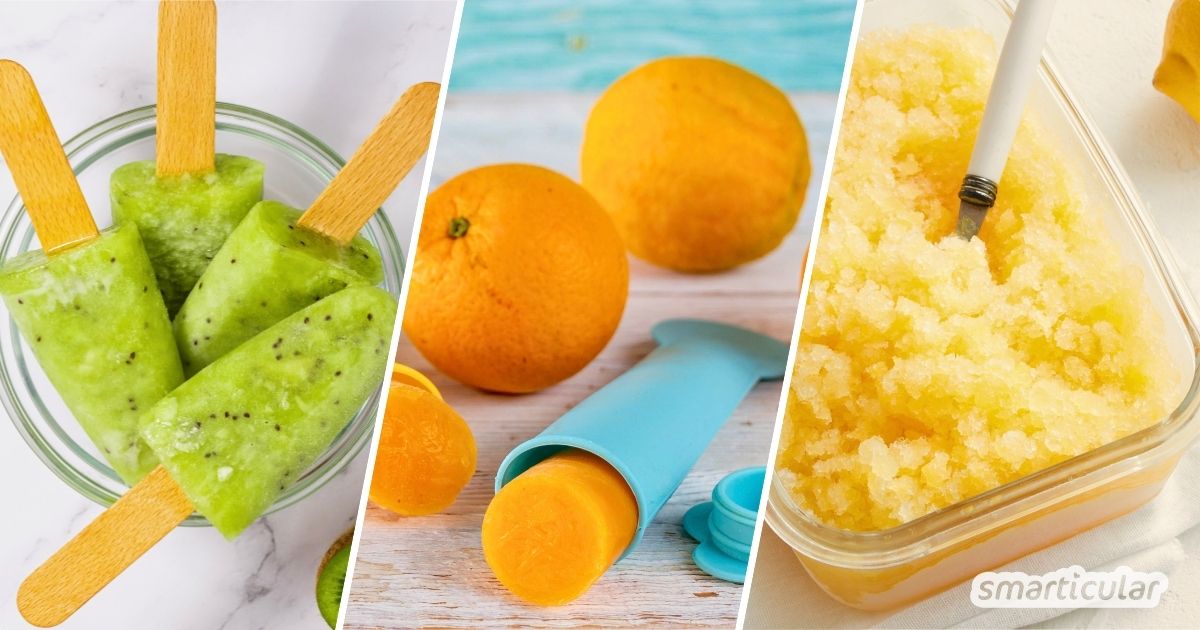 Wassereis selber zu machen aus Saft oder Fruchtpüree, ist viel besser als abgepacktes Eis mit viel Zucker, künstlichen Farbstoffen und Aromen.