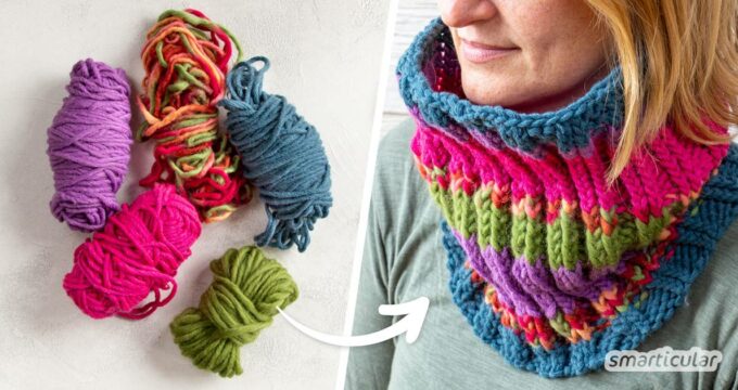 Wer einen Loop stricken möchte, braucht dafür weder Wolle zu kaufen noch viel Erfahrung beim Stricken. Mit Wollresten und dieser Anleitung geht es kinderleicht!