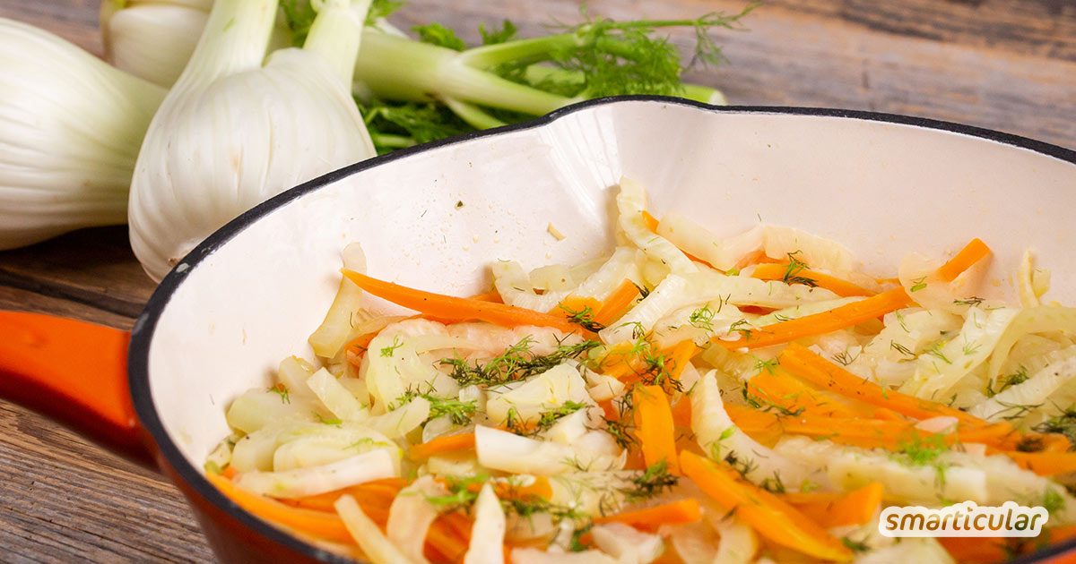 Fenchelgemüse eignet sich als aromatische Beilage oder als leichte Gemüsemahlzeit. Hier findest du ein veganes Rezept für Fenchel-Möhren-Gemüse.