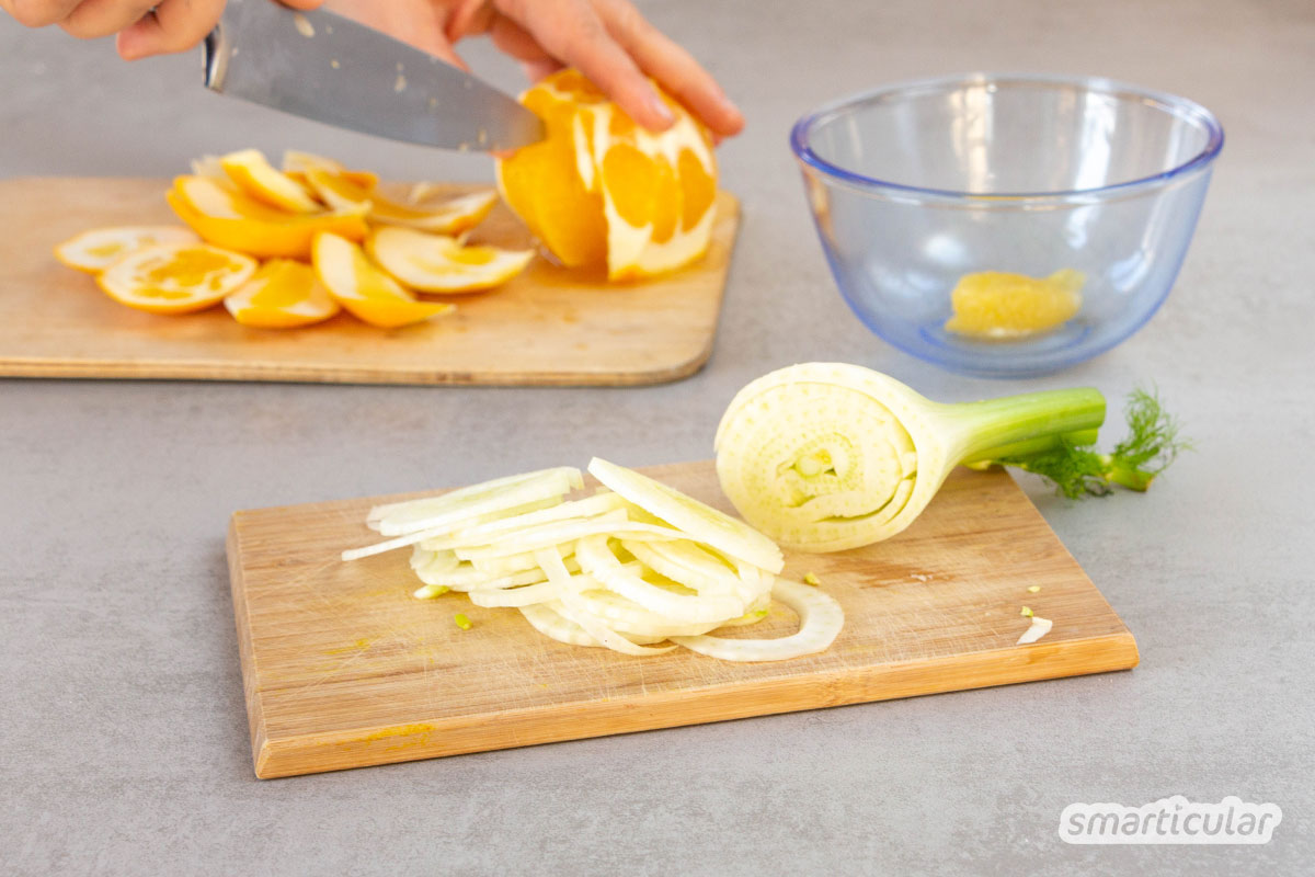 Ein knackiger Fenchelsalat mit Orangen bringt Farbe und Vitamine auf den Tisch. Entdecke hier ein einfaches, veganes Rezept aus wenigen Zutaten.