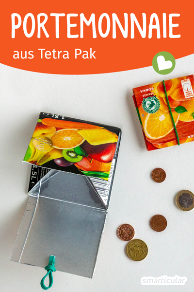 Strapazierfähige Verbundverpackungen sind Ausgangsmaterial für zahlreiche Upcycling-Ideen - z.B. für ein Portemonnaie aus Tetrapack, das sich blitzschnell basteln lässt.
