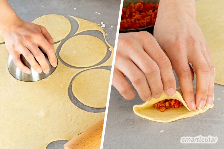 Piroggen vegan: Mit Pimiento- oder Pilz-Lauch-Füllung Mit Sojahack statt Fleisch oder Tofu statt Quark gelingen auch Piroggen vegan. Die Variante aus dem Backofen eignet sich gut als Fingerfood und zum Einfrieren.