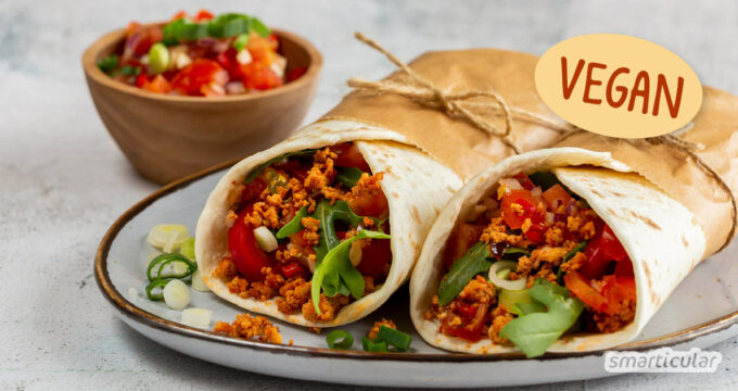 Tex-Mex-Küche geht auch ohne Fleisch! Vegane Wraps mit Tofu-Hack schmecken mit diesem Rezept ebenso würzig wie das beliebte Original aus der Tex-Mex-Küche.