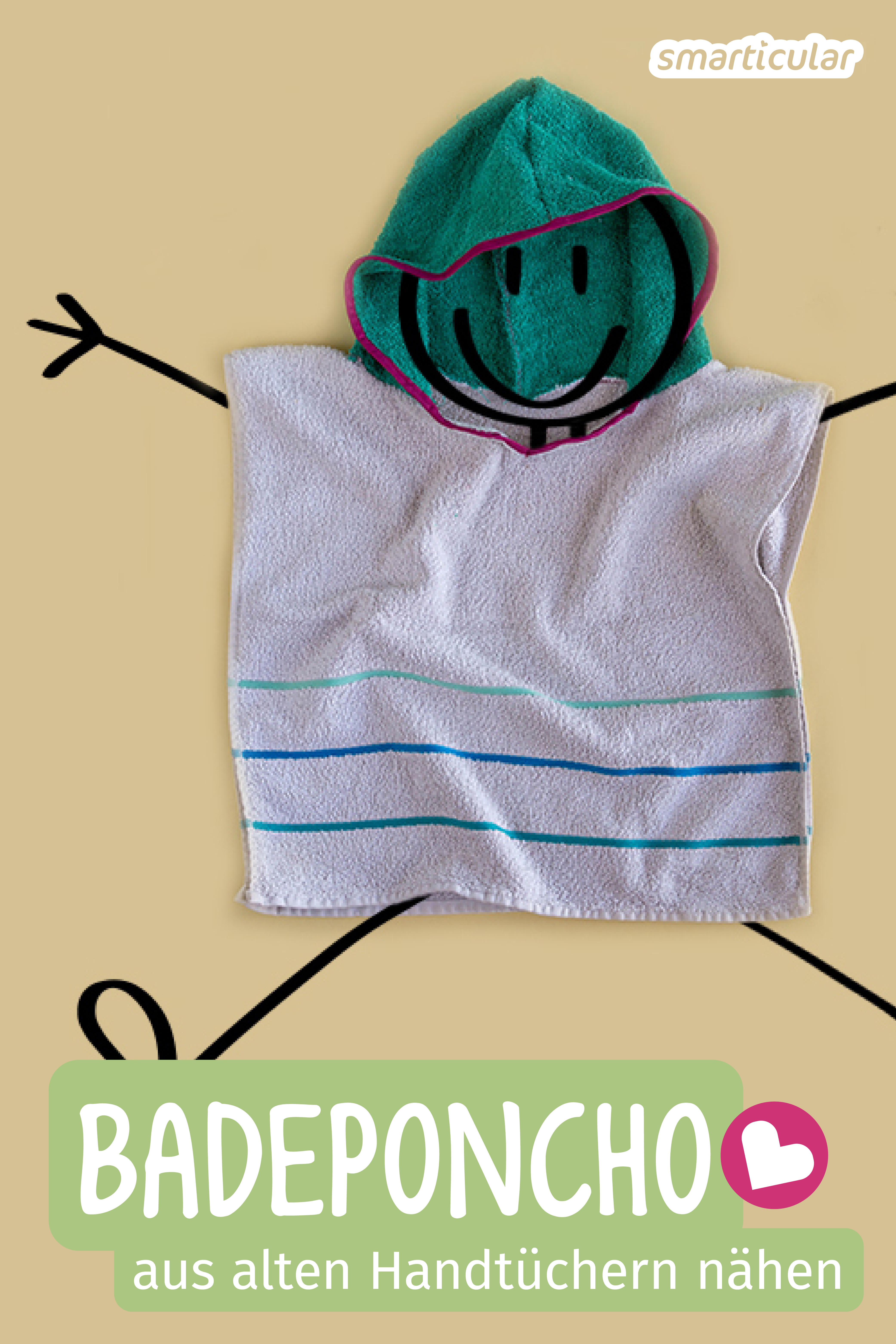 Statt ausgediente Handtücher zu entsorgen, lässt sich daraus zum Beispiel ein praktischer Badeponcho nähen, der Handtuch und Bademantel ersetzt.