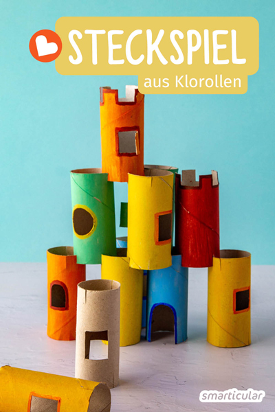 Aus Klopapierrollen lässt sich ganz einfach ein kreatives Steckspiel basteln, mit dem schon kleine Kinder Städte und Burgen bauen können.