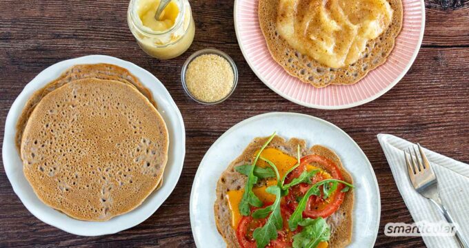 Buchweizen-Pfannkuchen sind eine vegane und vitalstoffreiche Alternative zu klassischen Eierpfannkuchen. Hier findest du ein einfaches Grundrezept.