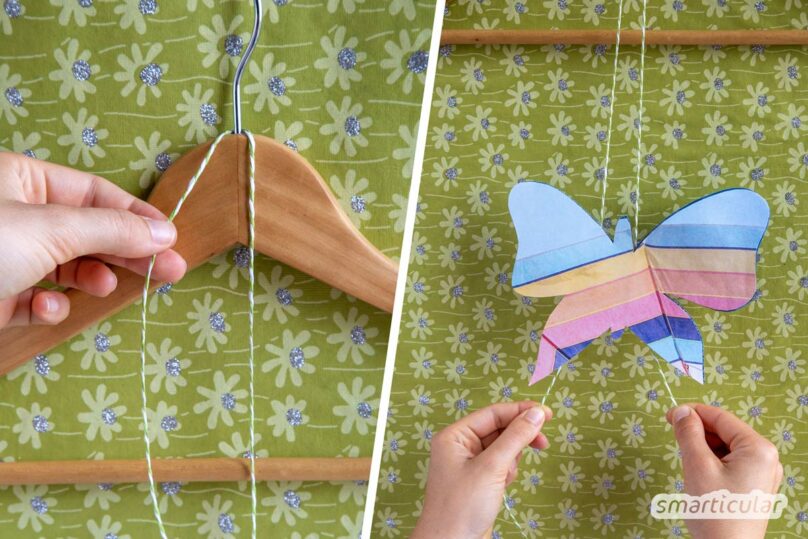Schmetterling basteln: Dieser freche Falter aus Altpapier bewegt sich Stück für Stück nach oben, wenn du abwechselnd an den beiden Schnurenden ziehst.