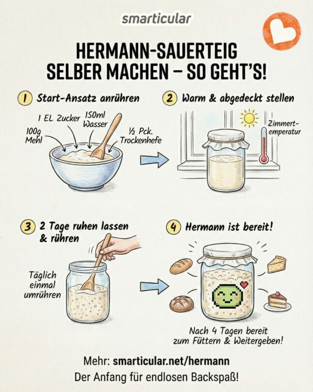 Erinnerst du dich noch an Hermann? Mit wenigen Zutaten kannst du den süßen Sauerteig selber machen und pflegen, damit backen und ihn an Freunde verschenken!