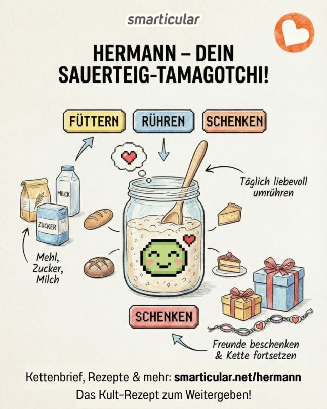 Erinnerst du dich noch an Hermann? Mit wenigen Zutaten kannst du den süßen Sauerteig selber machen und pflegen, damit backen und ihn an Freunde verschenken!