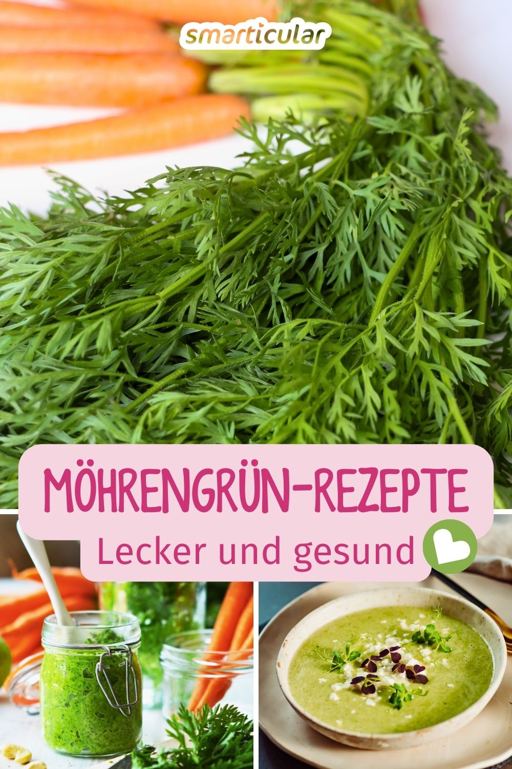 Statt es wegzuwerfen, kannst du das gesunde Möhrengrün verwerten: In Smoothies, für ein würziges Pesto, als Suppengrün oder für ein Taboulé.