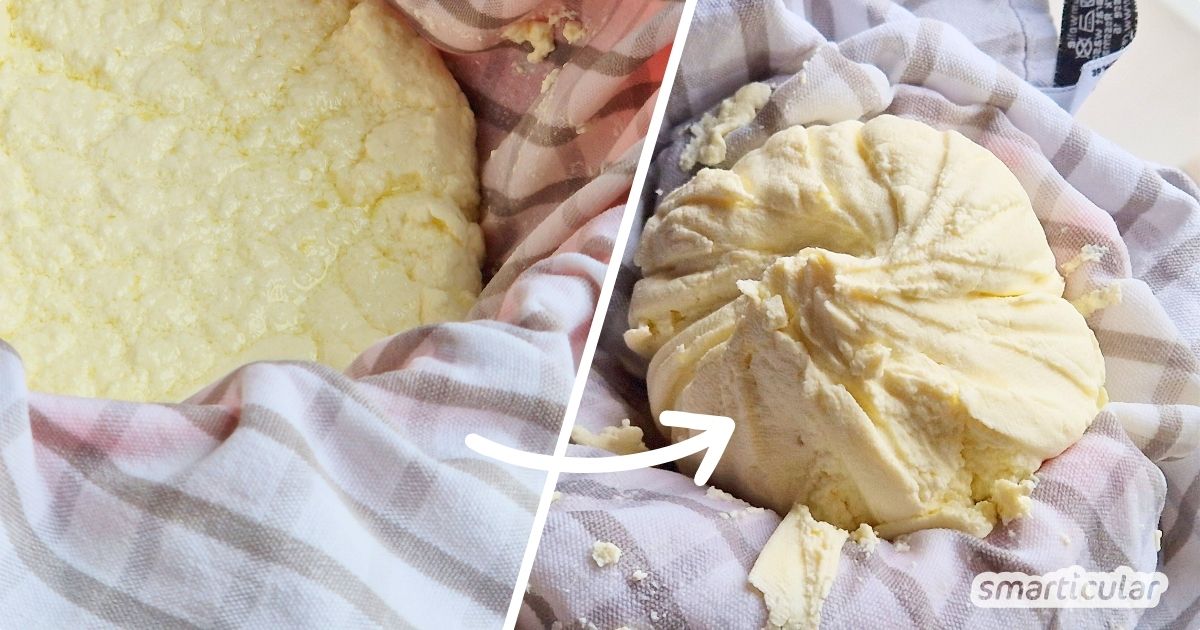 Der Hüttenkäse muss nur noch ausgedrückt. bzw. abgeseiht werden