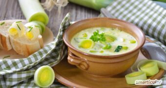 Eine vegetarische Käse-Lauch-Suppe lässt sich einfach zubereiten und überzeugt mit ihrem würzigen Aroma und der cremigen Konsistenz.