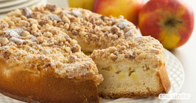 Apfelstreuselkuchen ist das perfekte Rezept, überschüssige Äpfel aus dem eigenen Garten köstlich zu verwerten.