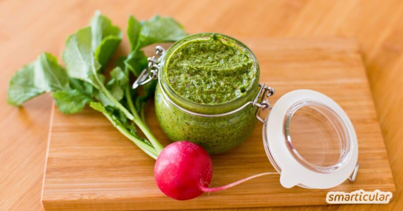 Mit einem leckeren Radieschenblätter-Pesto verwertest du die scharfen Knollen komplett, statt einen nährstoffreichen Teil wegzuwerfen.