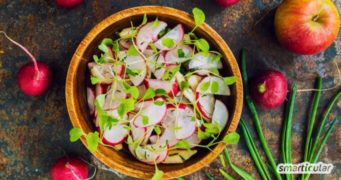 Die Schärfe der Radieschen und die herbe Süße des Apfels verleihen diesem leichten Radieschensalat ein perfektes Aroma - mit wenigen Zutaten.