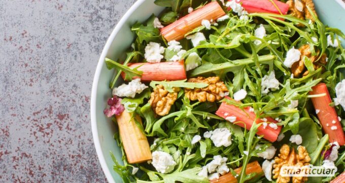 In diesem Rhabarber-Salat sorgen die säuerlichen Stangen für ein erfrischendes Geschmackserlebnis - probiere es am besten gleich aus!