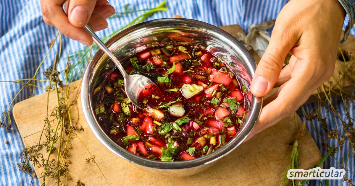 Kirschen mal ganz anders genießt du in einer Chrianteli! Die kalte Suppe wird mit einer Einlage aus Gurken, Nüssen und Schalotten serviert.