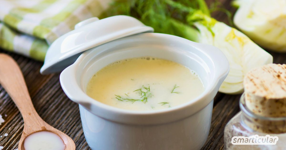 Eine cremige Fenchelsuppe mit Kartoffeln ist vitalstoffreich und macht lange satt. Fenchelgrün und frische Kräuter runden den Geschmack ab!
