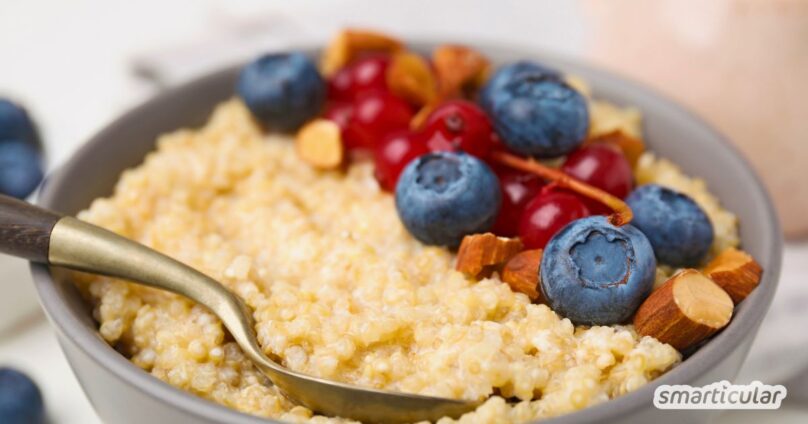 Mit einem Quinoa-Porridge startest du mit einer großen Portion Protein und Vitalstoffen in den Tag - einfach und abwechslungsreich.