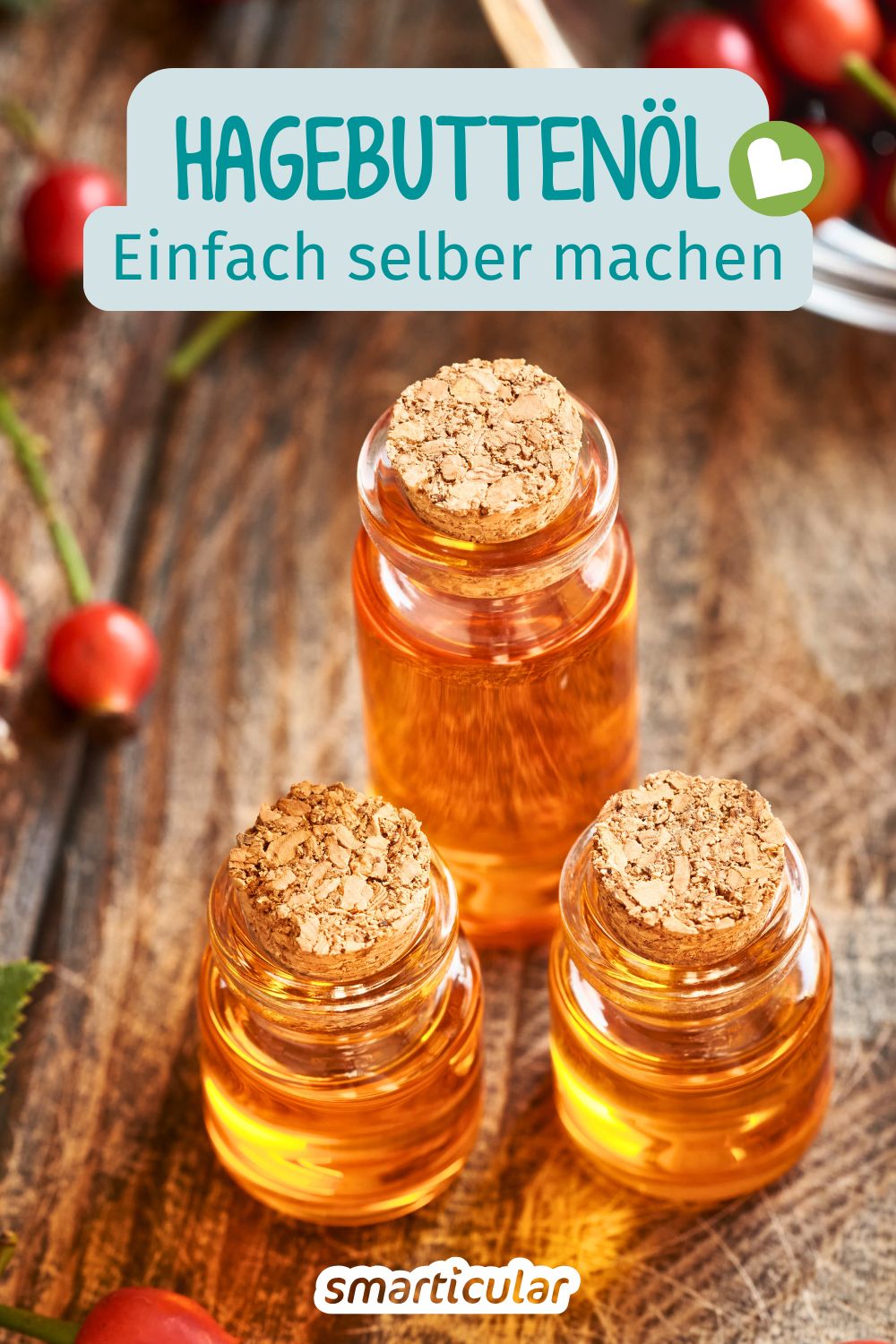 Aus Pflanzenöl und frischen Hagebutten lässt sich in wenigen Schritten ein hautpflegendes Hagebuttenöl selber machen. Gleich ausprobieren!