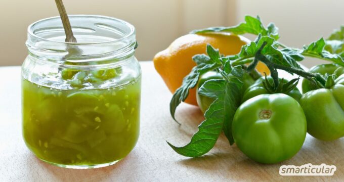 Grüne-Tomaten-Marmelade selber machen aus drei Zutaten – einfaches Herbstrezept zur Resteverwertung unreifer Tomaten. Haltbar & lecker!