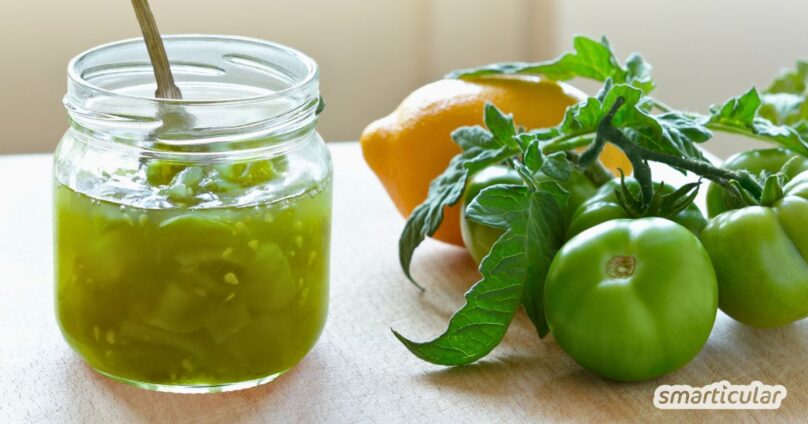 Grüne-Tomaten-Marmelade selber machen aus drei Zutaten – einfaches Herbstrezept zur Resteverwertung unreifer Tomaten. Haltbar & lecker!