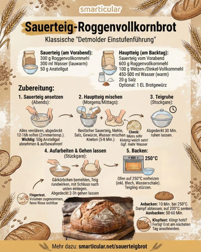 Gesundes Roggenbrot mit Sauerteig kannst du einfach selber backen - dank Detmolder Einstufenführung gelingt Roggenvollkornbrot ohne Mühe.