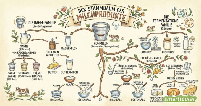 So entstehen Joghurt, Butter, Sahne, Frischkäse und viele andere Erzeugnisse aus Milch: Der Stammbaum der Milchprodukte.