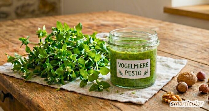 Gesundes Vogelmiere-Pesto: So zauberst du aus dem vitalstoffreichen Wildkraut ein schnelles, regionales Pesto für Pasta und Aufstriche.