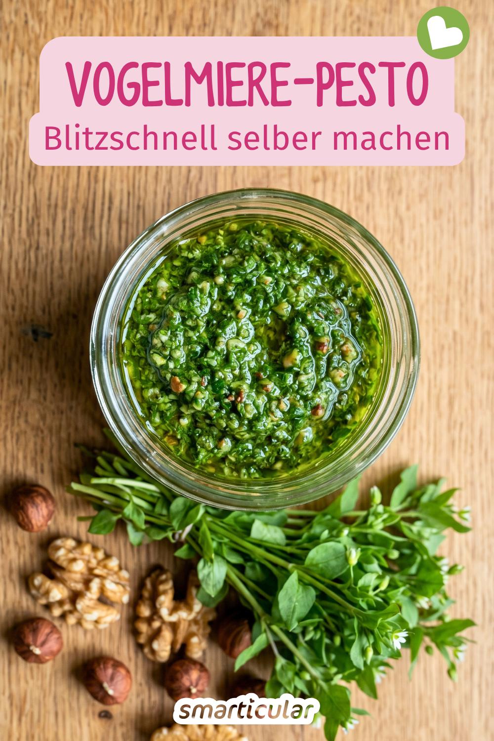 Gesundes Vogelmiere-Pesto: So zauberst du aus dem vitalstoffreichen Wildkraut ein schnelles, regionales Pesto für Pasta und Aufstriche.