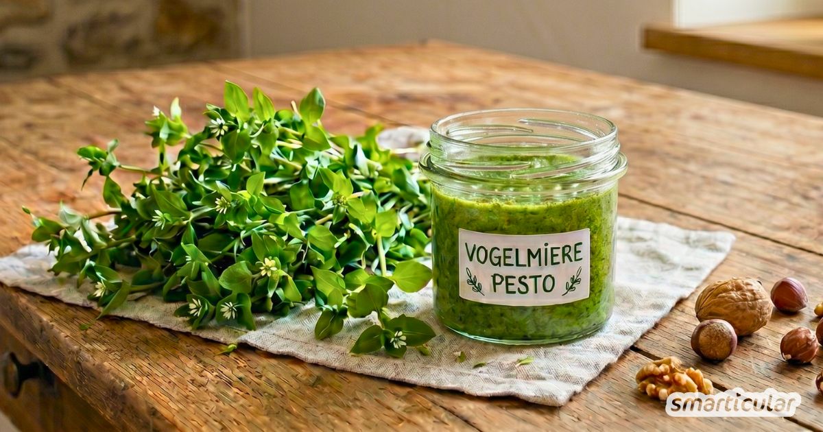 Gesundes Vogelmiere-Pesto: So zauberst du aus dem vitalstoffreichen Wildkraut ein schnelles, regionales Pesto für Pasta und Aufstriche.