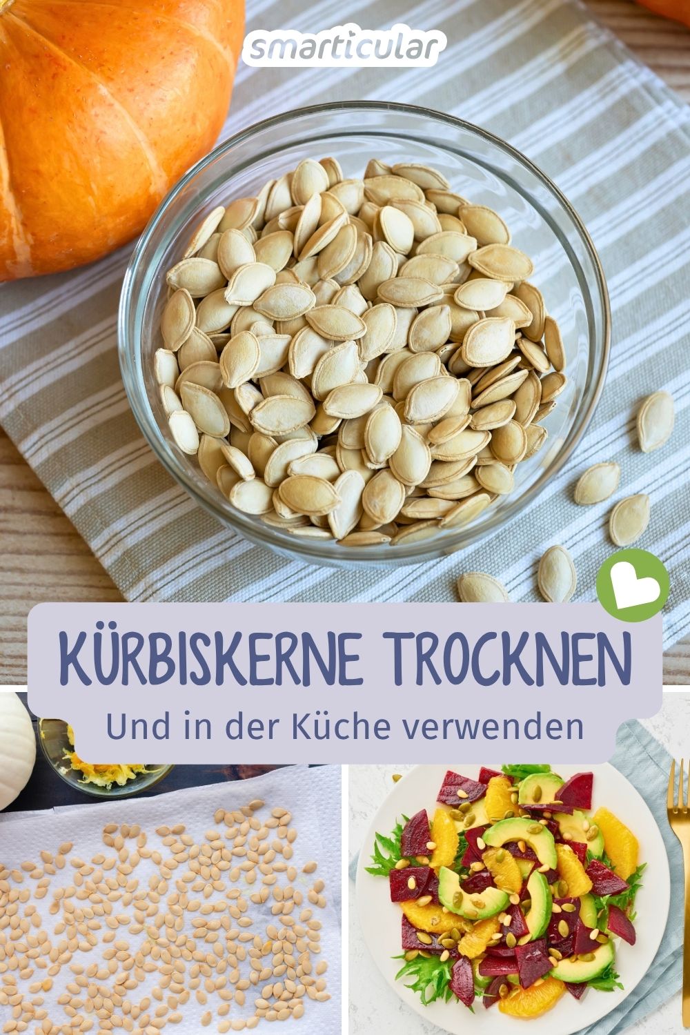 Kürbiskerne trocknen statt wegwerfen! Erfahre, wie sich die Kerne ganz einfach haltbar machen und als gesundes Topping verwenden lassen.
